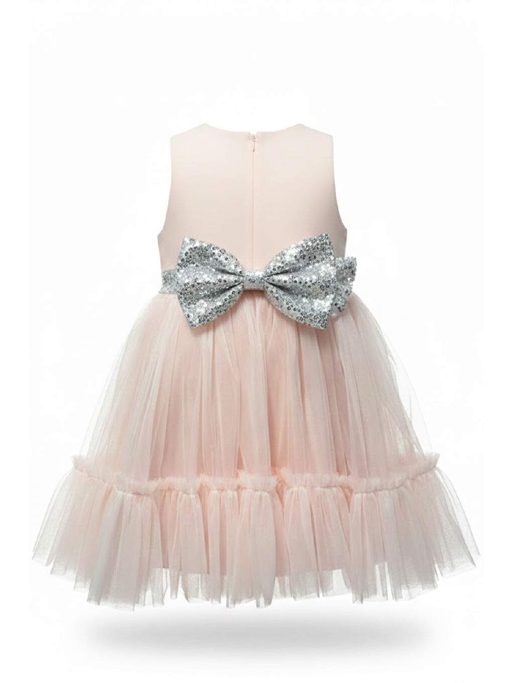 Pembe Kız Çocuk Elbise -Saten Tüllü Kumaş-Kuşak ve Fiyonk Detaylı 2-8 Yaş 12517-3