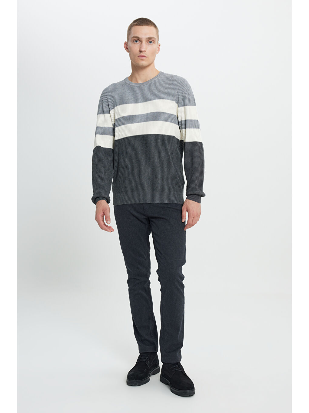 Erkek Antrasit-Melanj Standart Fit Normal Kesim Bisiklet Yaka Desenli Triko Kazak-1