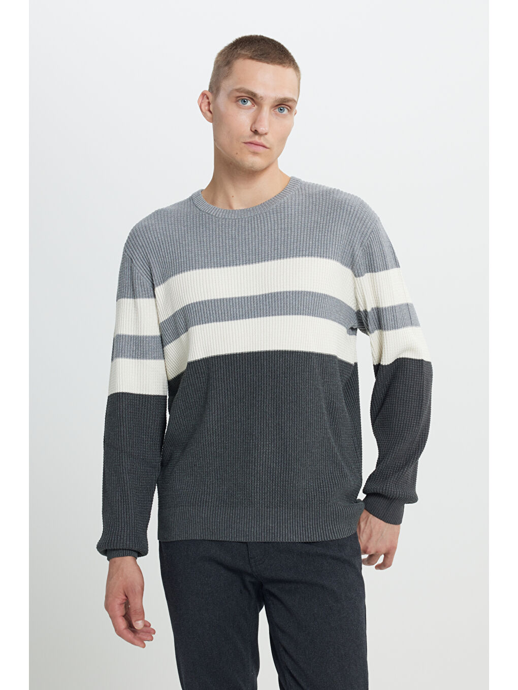 Erkek Antrasit-Melanj Standart Fit Normal Kesim Bisiklet Yaka Desenli Triko Kazak-2