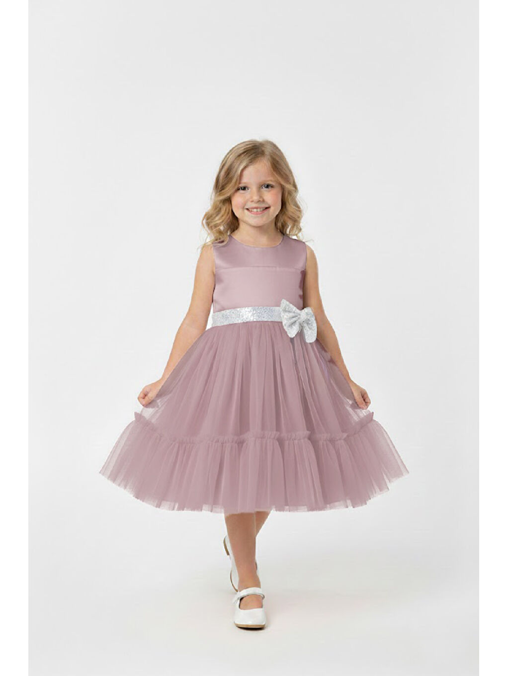 Pembe Kız Çocuk Elbise -Saten Tüllü Kumaş-Kuşak ve Fiyonk Detaylı 2-8 Yaş 12517