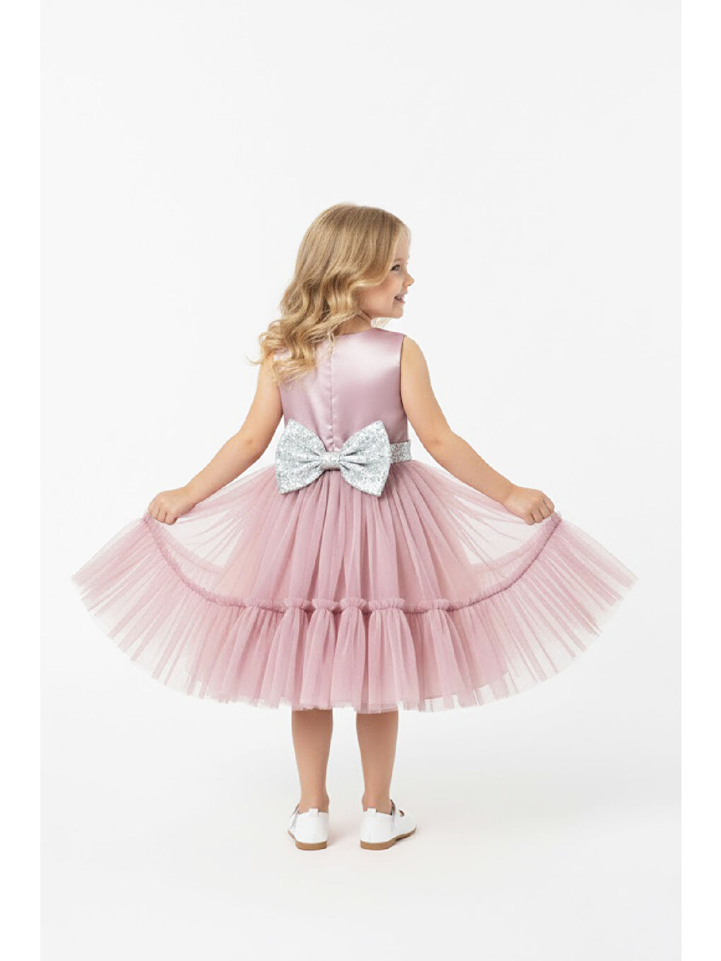 Pembe Kız Çocuk Elbise -Saten Tüllü Kumaş-Kuşak ve Fiyonk Detaylı 2-8 Yaş 12517-1