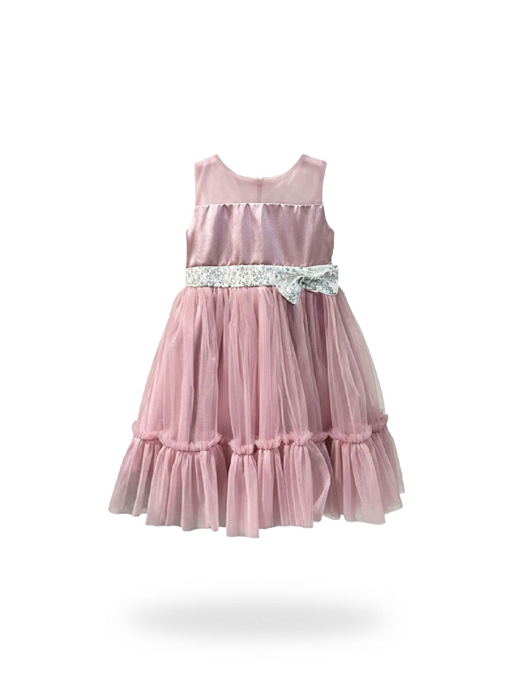 Pembe Kız Çocuk Elbise -Saten Tüllü Kumaş-Kuşak ve Fiyonk Detaylı 2-8 Yaş 12517-2