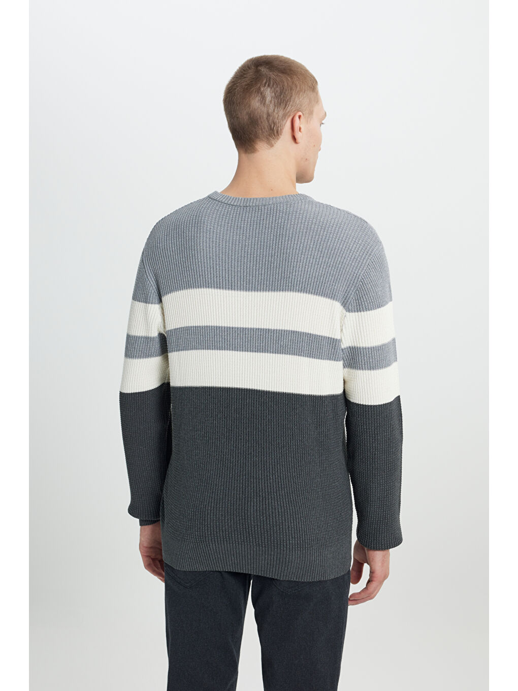 Erkek Antrasit-Melanj Standart Fit Normal Kesim Bisiklet Yaka Desenli Triko Kazak-5