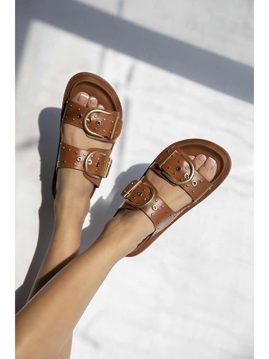 Kahverengi Pella  Kadın  Drop  Detay  Günlük  Konfor Terlik Taba