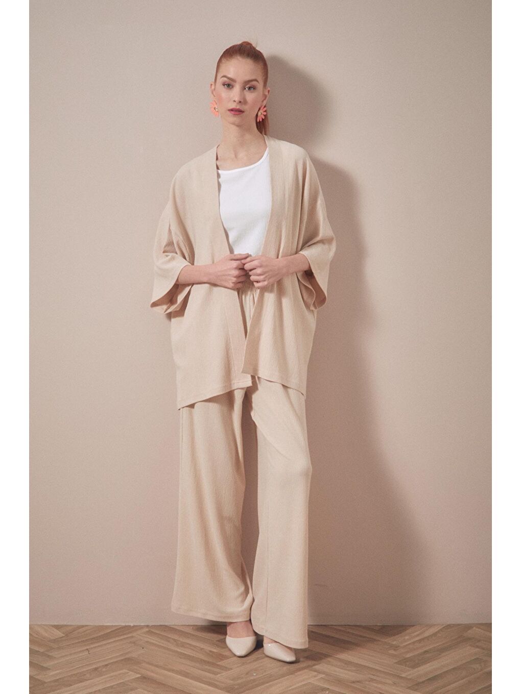 Bej Bürümcük Kumaş Şal Yaka  3 Lü Takım