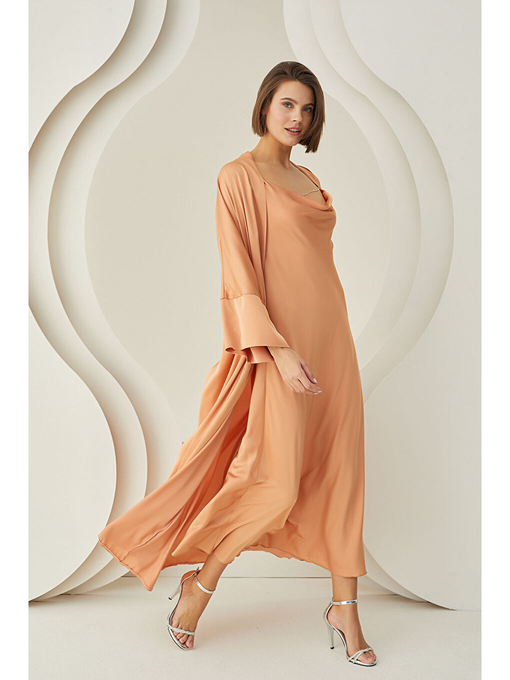 Pembe Somon Uzun Saten Sabahlık-1