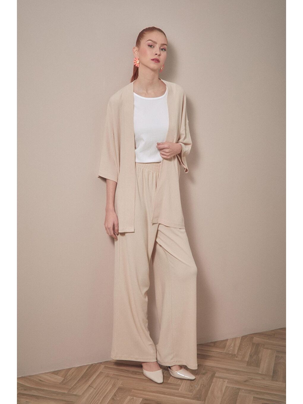 Bej Bürümcük Kumaş Şal Yaka  3 Lü Takım-1