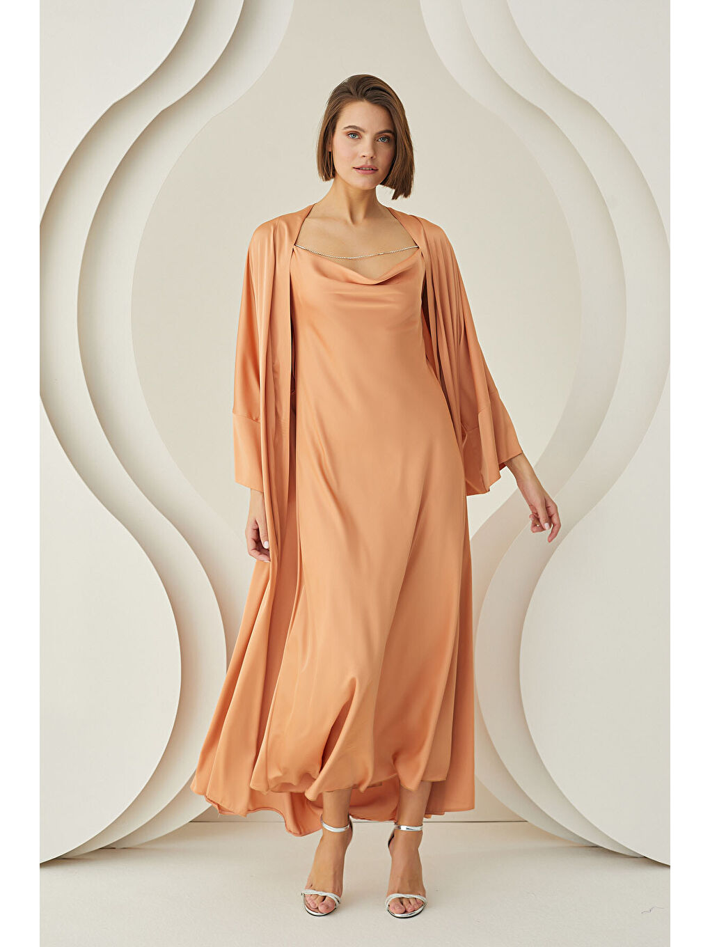 Pembe Somon Uzun Saten Sabahlık-3