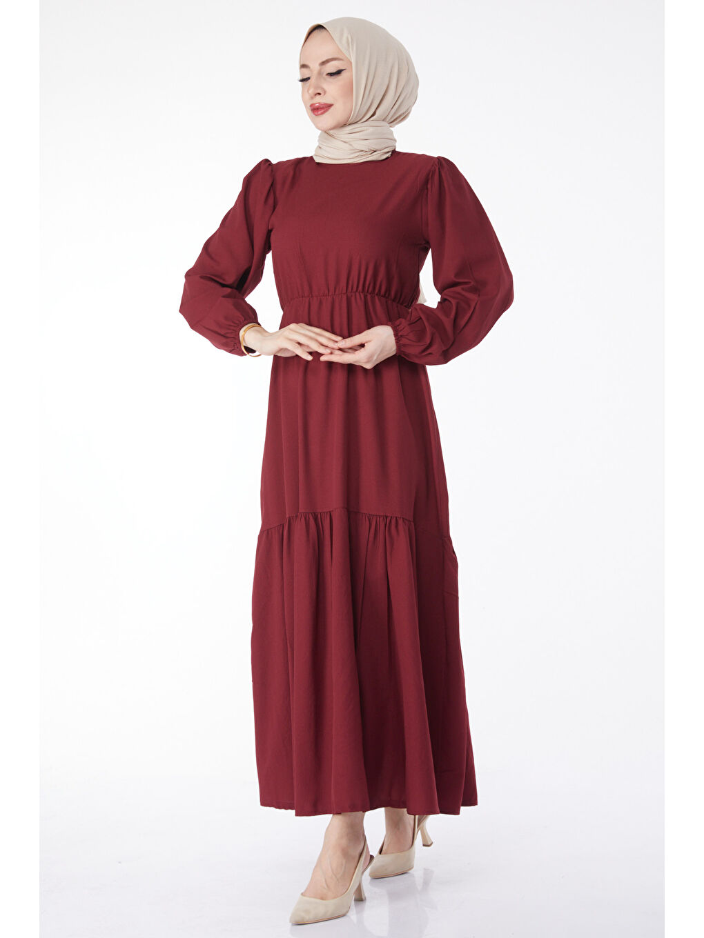 Beli Bağcıklı Elbise Bordo - 27303-1