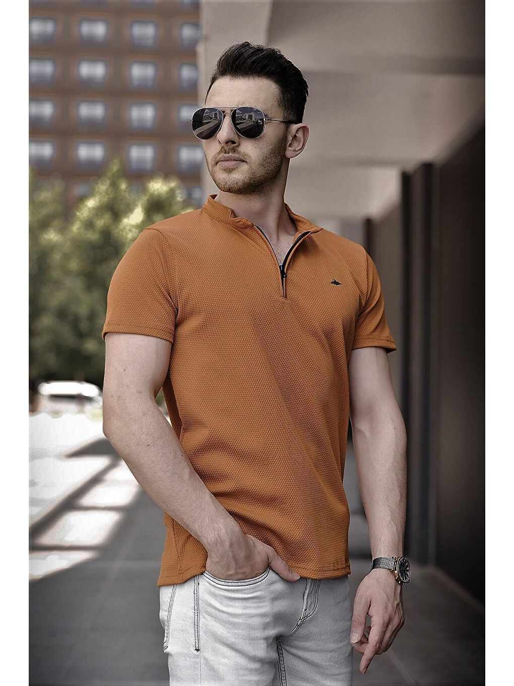 Sarı Hakim Yaka Petek Kumaş Yarım Fermuarlı Erkek Tshirt-1