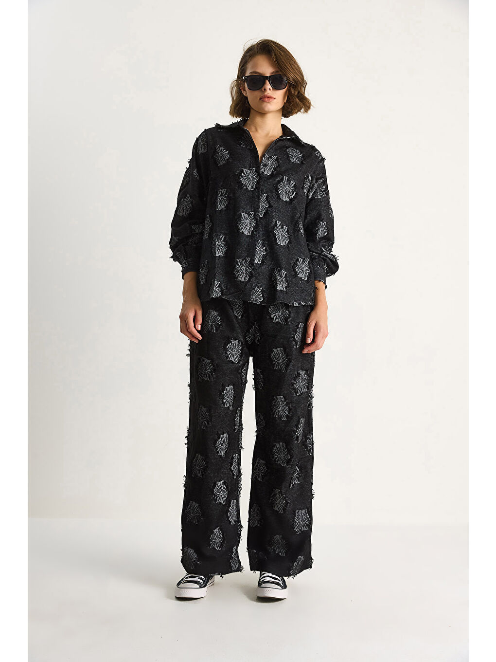 Siyah Kadın Oversize Gömlek Beli Lastikli Pantolon Saçaklı Dokuma Alt-Üst Takım-1