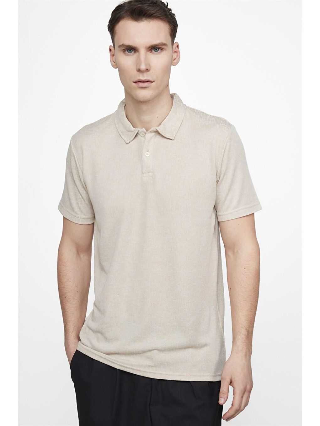 Bej Erkek Slim Fit Dar Kesim Pamuklu Örme Taş Renk Polo Yaka Tişört