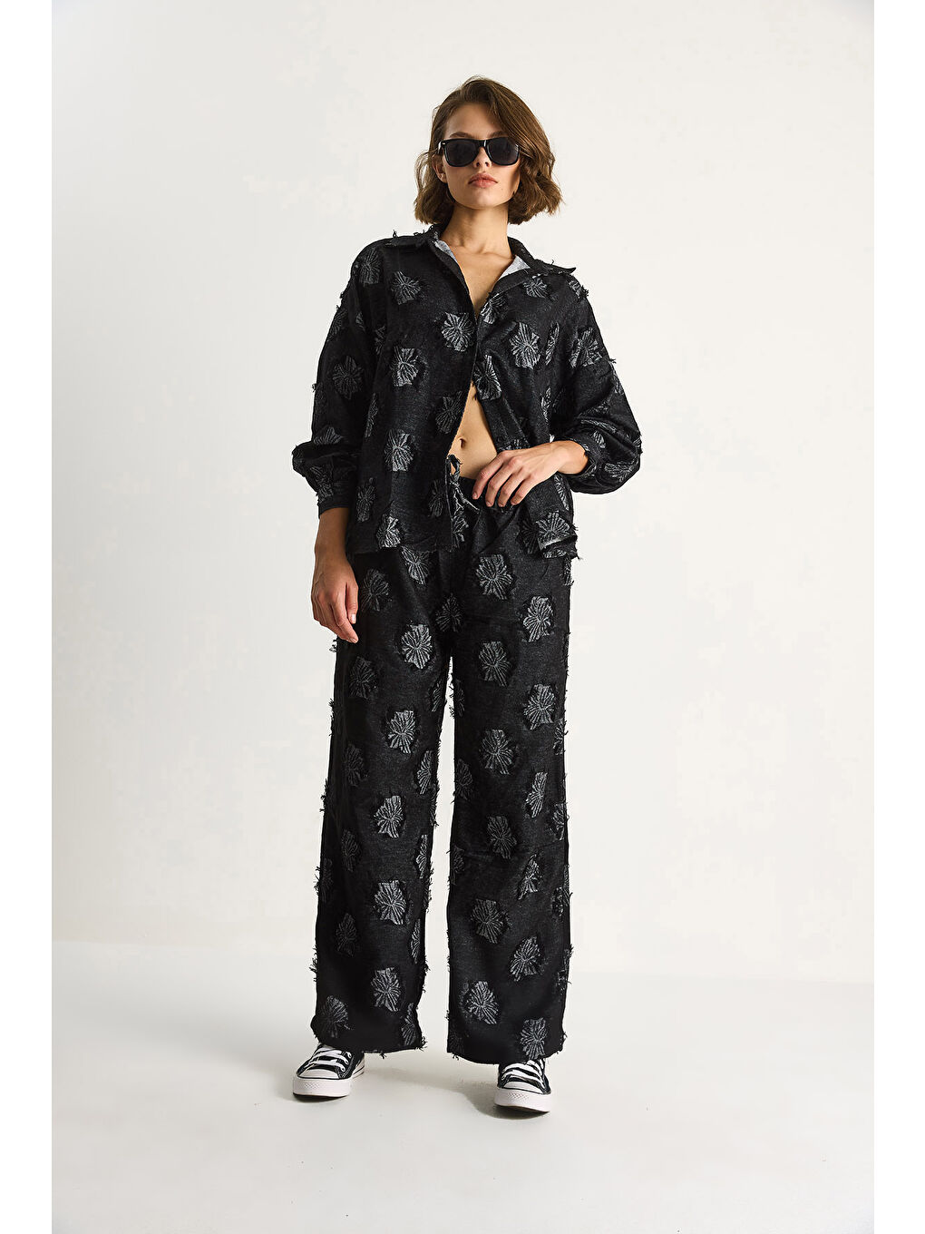 Siyah Kadın Oversize Gömlek Beli Lastikli Pantolon Saçaklı Dokuma Alt-Üst Takım-2