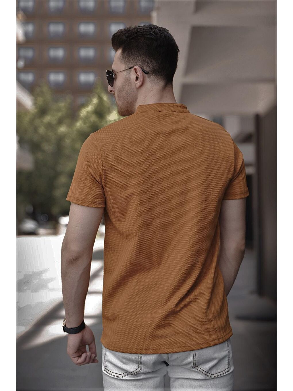 Sarı Hakim Yaka Petek Kumaş Yarım Fermuarlı Erkek Tshirt-2