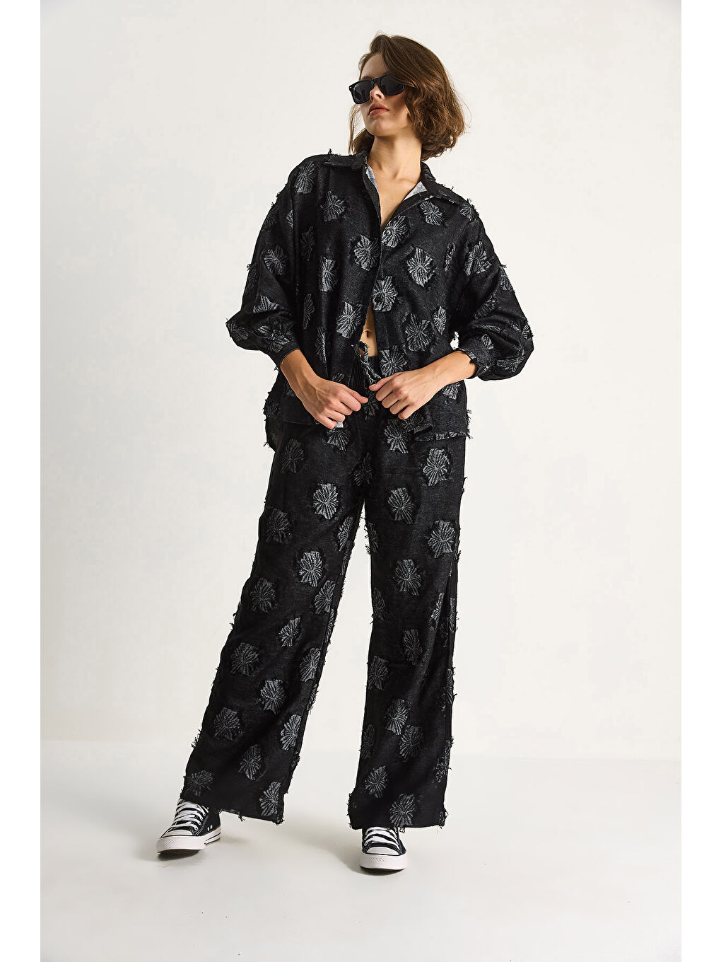 Siyah Kadın Oversize Gömlek Beli Lastikli Pantolon Saçaklı Dokuma Alt-Üst Takım-3