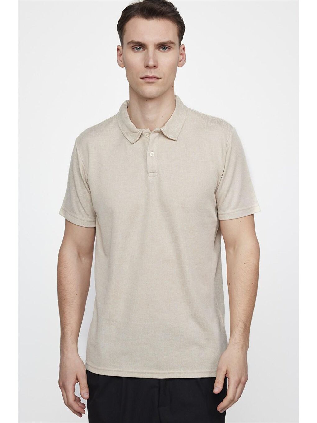 Bej Erkek Slim Fit Dar Kesim Pamuklu Örme Taş Renk Polo Yaka Tişört-1
