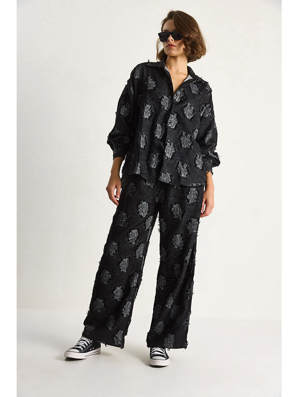 Siyah Kadın Oversize Gömlek Beli Lastikli Pantolon Saçaklı Dokuma Alt-Üst Takım-4