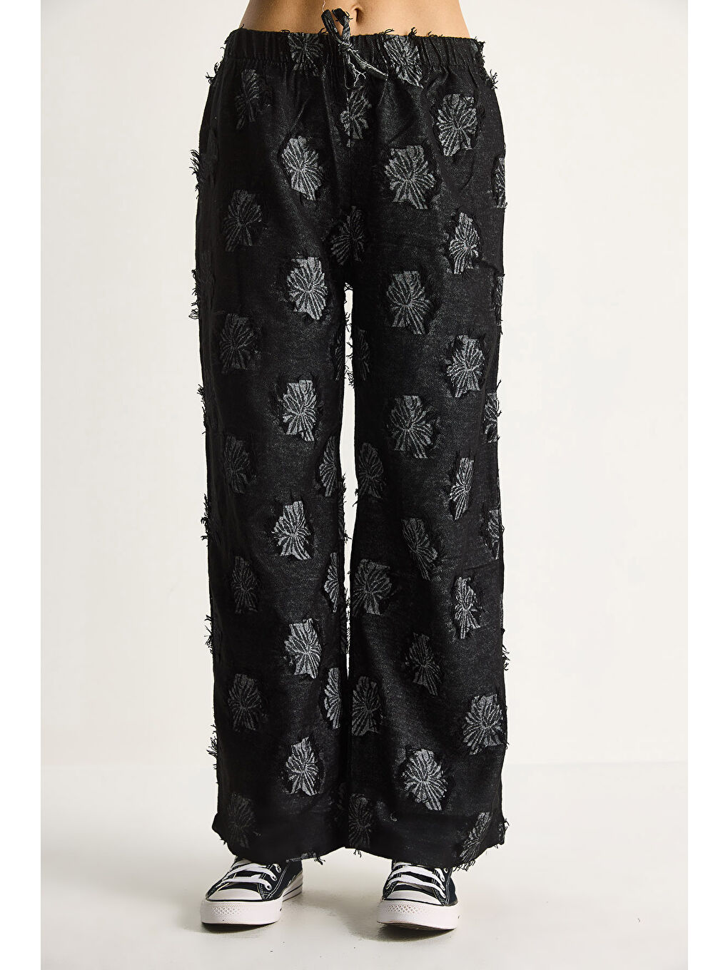 Siyah Kadın Oversize Gömlek Beli Lastikli Pantolon Saçaklı Dokuma Alt-Üst Takım-5