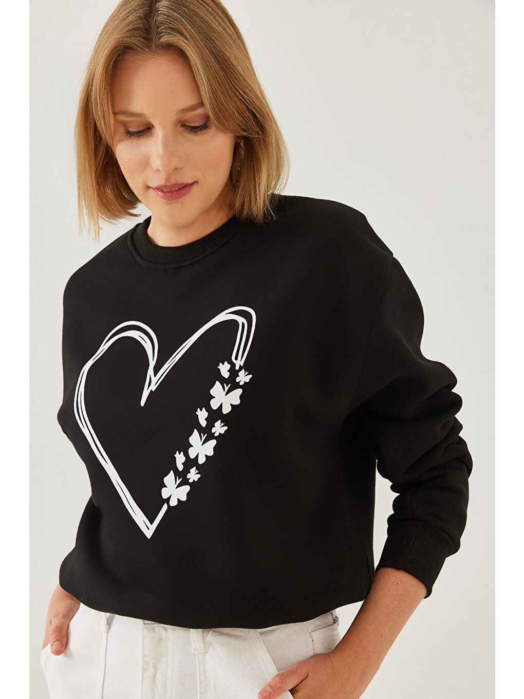 SHADE Siyah Kadın Baskılı Kalp Detaylı Bisiklet Yaka İplik Şardonlu Sweatshirt