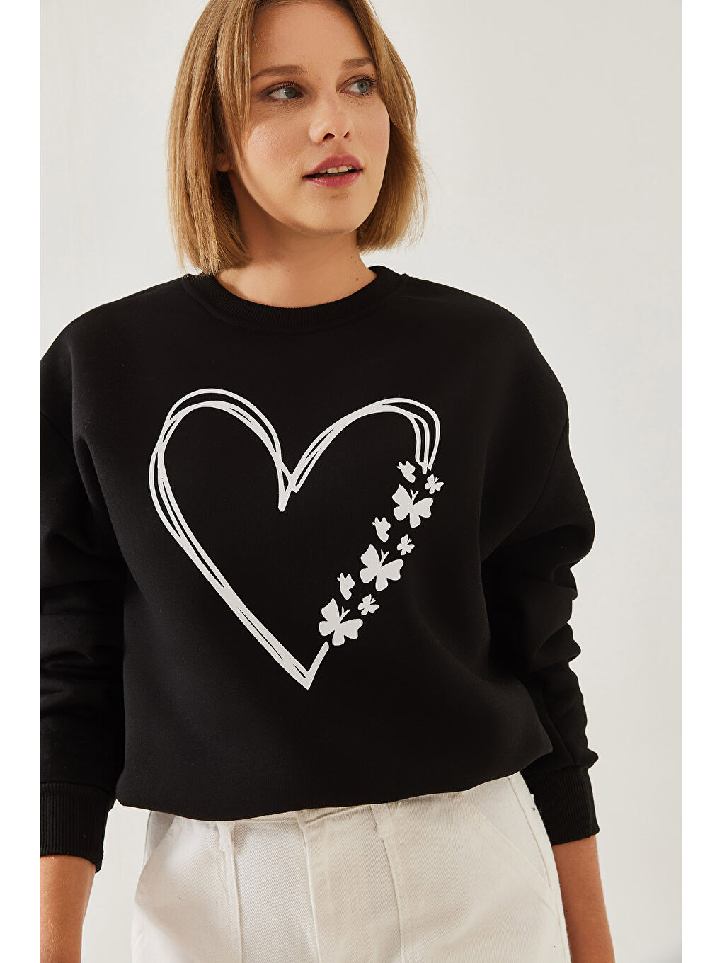 SHADE Siyah Kadın Baskılı Kalp Detaylı Bisiklet Yaka İplik Şardonlu Sweatshirt - 1