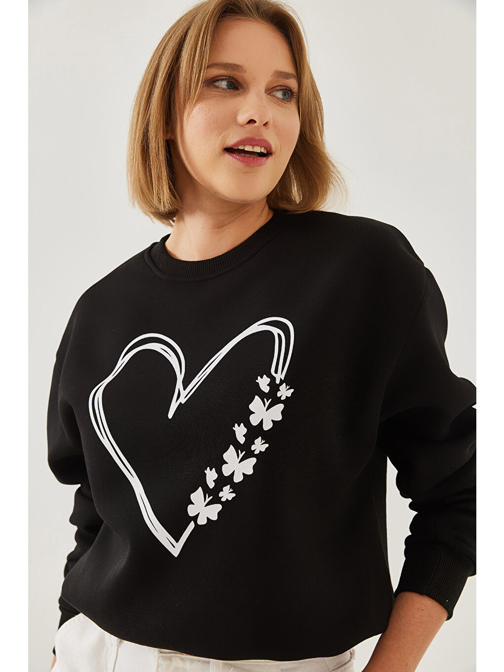 SHADE Siyah Kadın Baskılı Kalp Detaylı Bisiklet Yaka İplik Şardonlu Sweatshirt - 3
