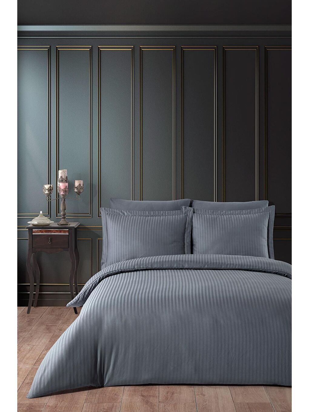 Antrasit Lastikli Saten Çizgili Çift Kişilik Nevresim Takım v2