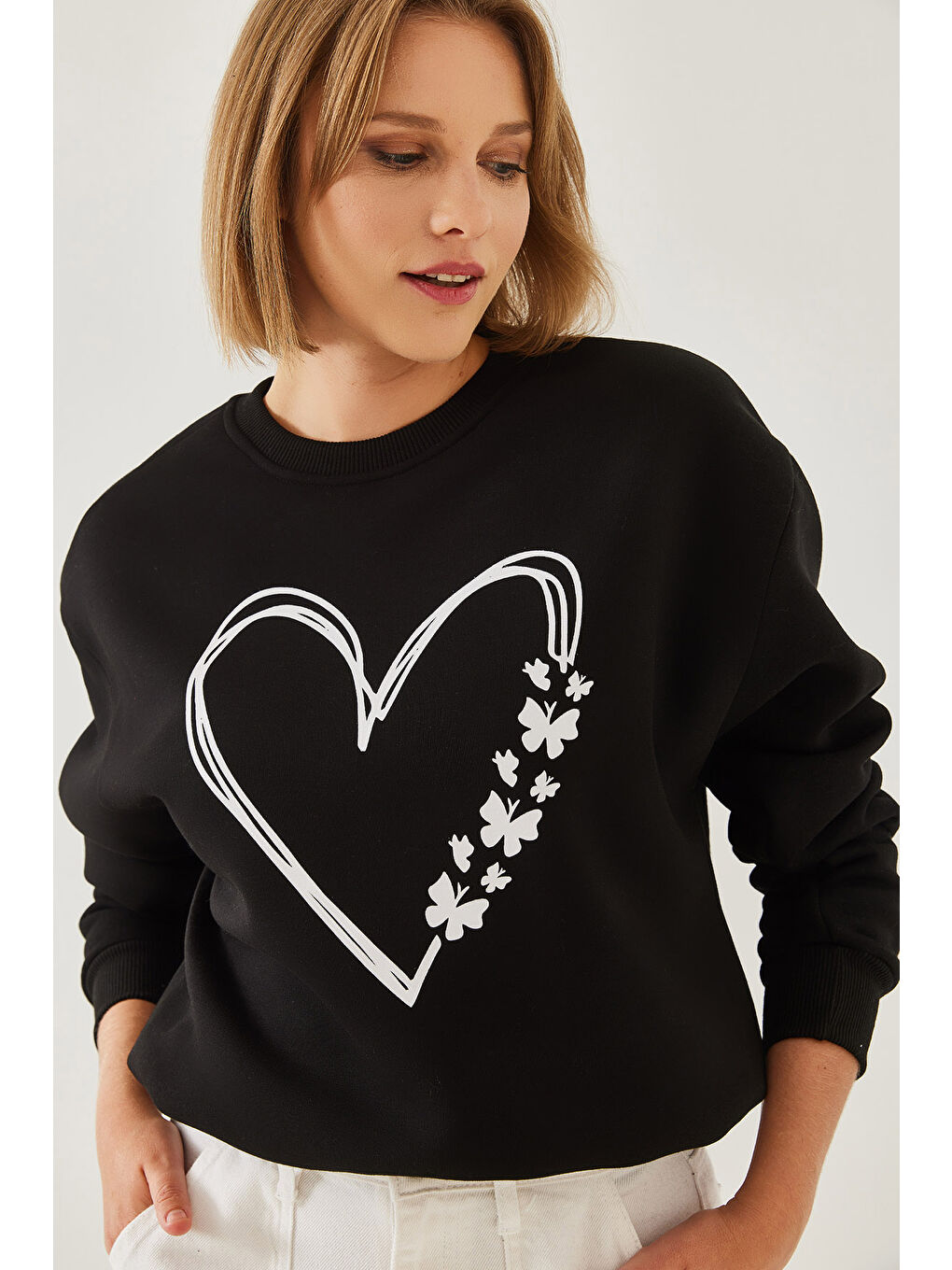 SHADE Siyah Kadın Baskılı Kalp Detaylı Bisiklet Yaka İplik Şardonlu Sweatshirt - 5