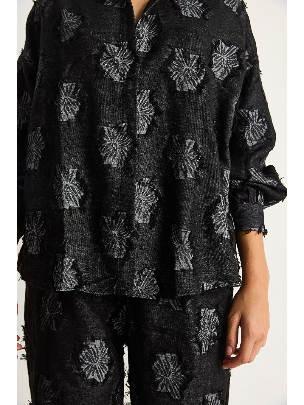 Siyah Kadın Oversize Gömlek Beli Lastikli Pantolon Saçaklı Dokuma Alt-Üst Takım-6