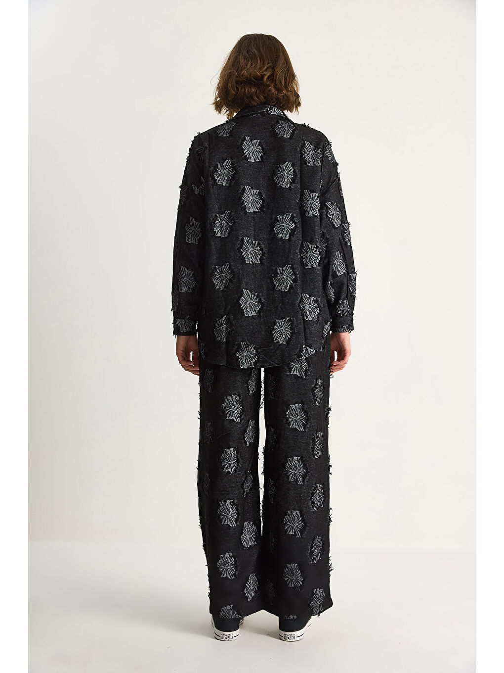 Siyah Kadın Oversize Gömlek Beli Lastikli Pantolon Saçaklı Dokuma Alt-Üst Takım-7