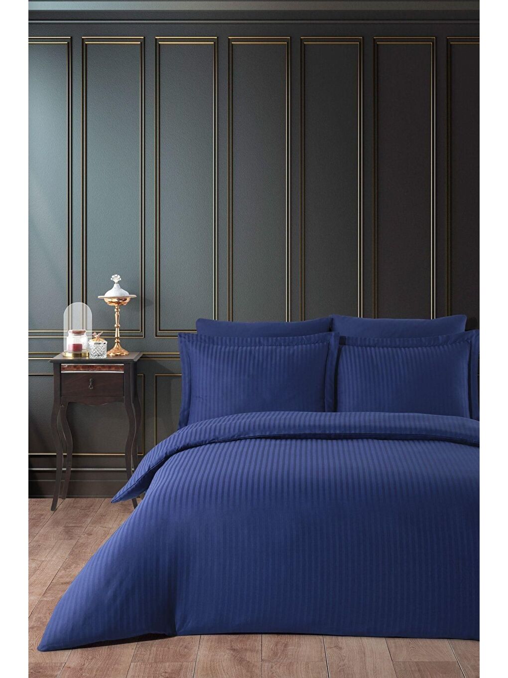 Lacivert Lastikli Saten Çizgili Çift Kişilik Nevresim Takım v2