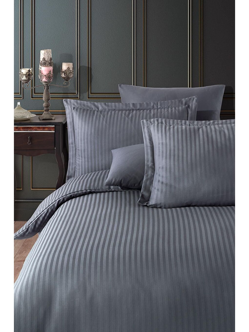 Antrasit Lastikli Saten Çizgili Çift Kişilik Nevresim Takım v2-1