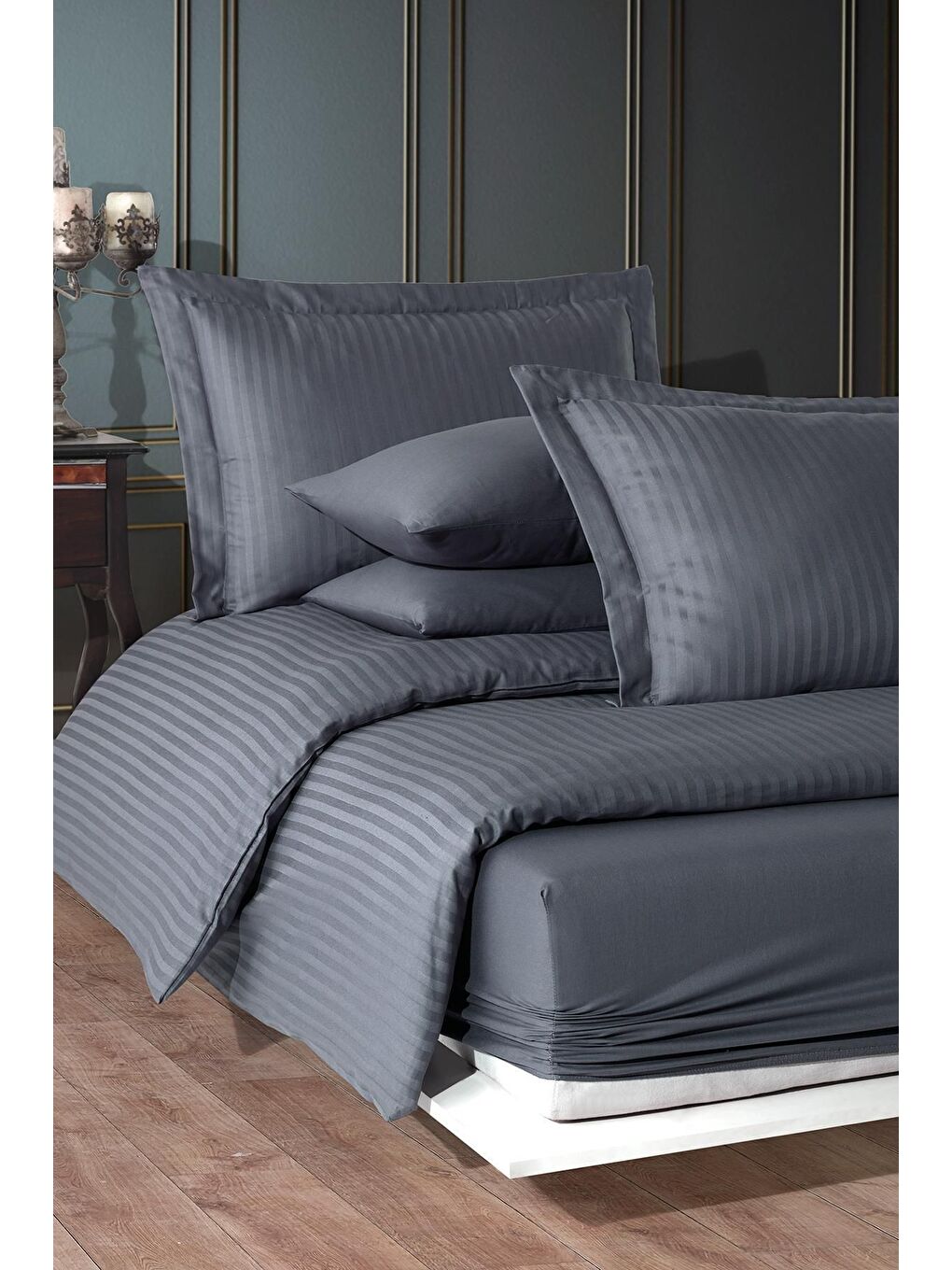 Antrasit Lastikli Saten Çizgili Çift Kişilik Nevresim Takım v2-2