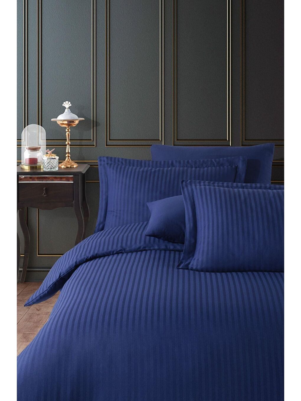 Lacivert Lastikli Saten Çizgili Çift Kişilik Nevresim Takım v2-1