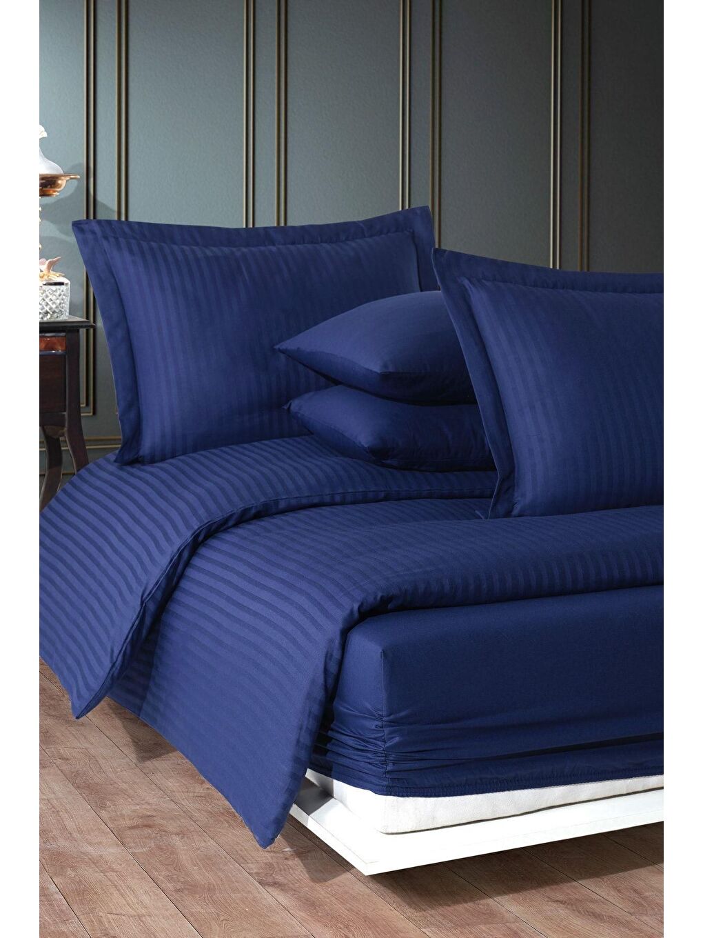 Lacivert Lastikli Saten Çizgili Çift Kişilik Nevresim Takım v2-2