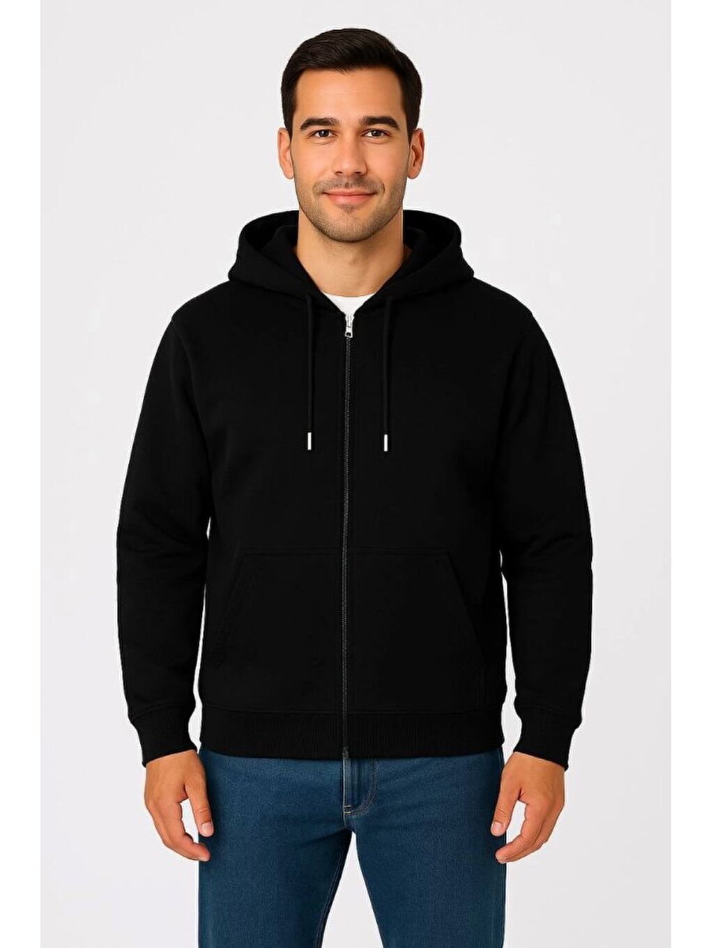 Erkek Üç İplik Kapüşonlu Tam Fermuarlı Kanguru Çepli SweatShirt Hoodie - Siyah-3