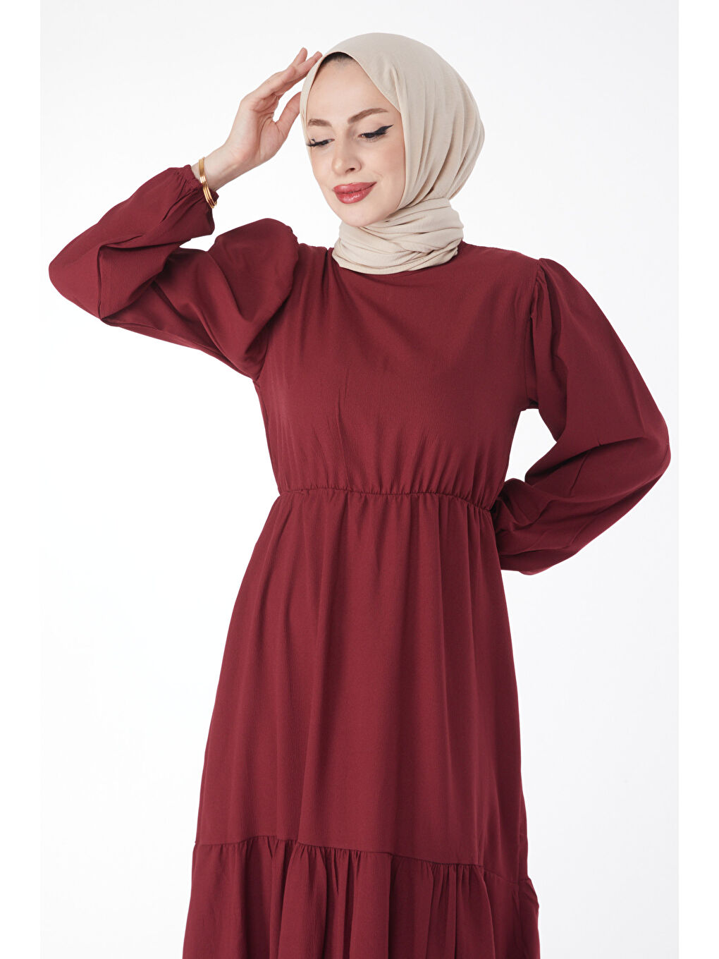 Beli Bağcıklı Elbise Bordo - 27303-3