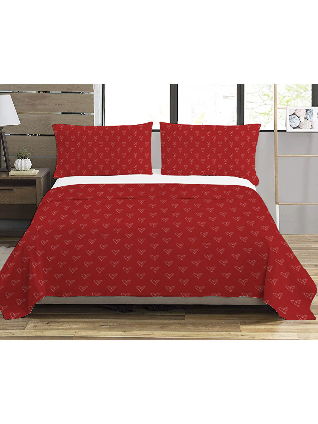 Karışık Kalp Desenli Baskılı Çift Kişilik Baskılı Pike  200x220 Cm