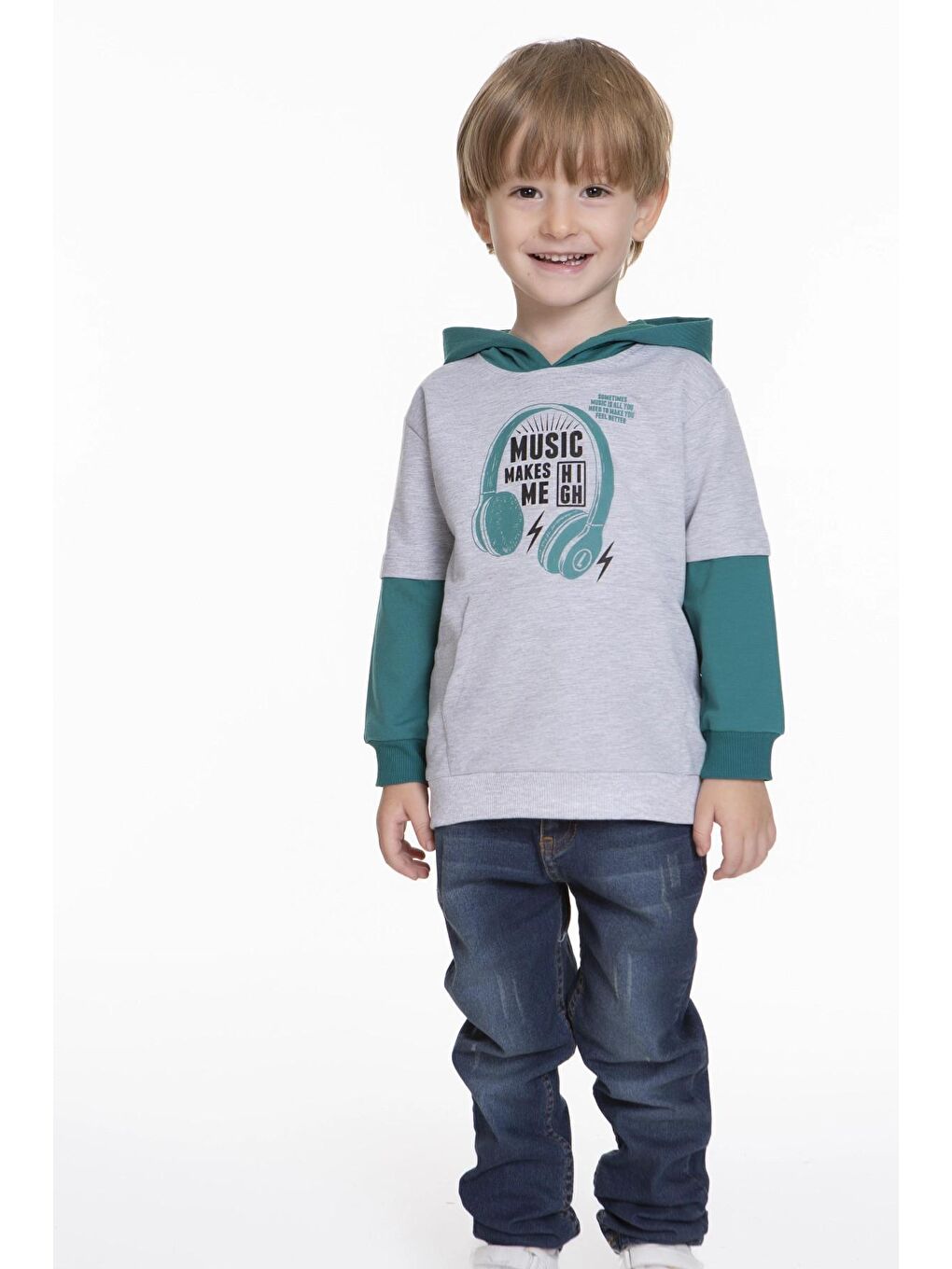 Myhanne Yeşil Kulaklık Baskılı Kapüşonlu Erkek Bebek Hoodie 54265