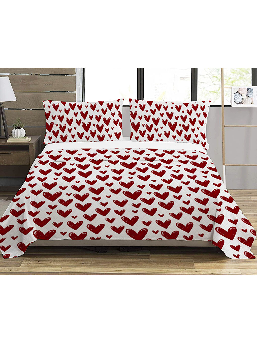 Karışık Kalp Desenli Baskılı Çift Kişilik Baskılı Pike  200x220 Cm