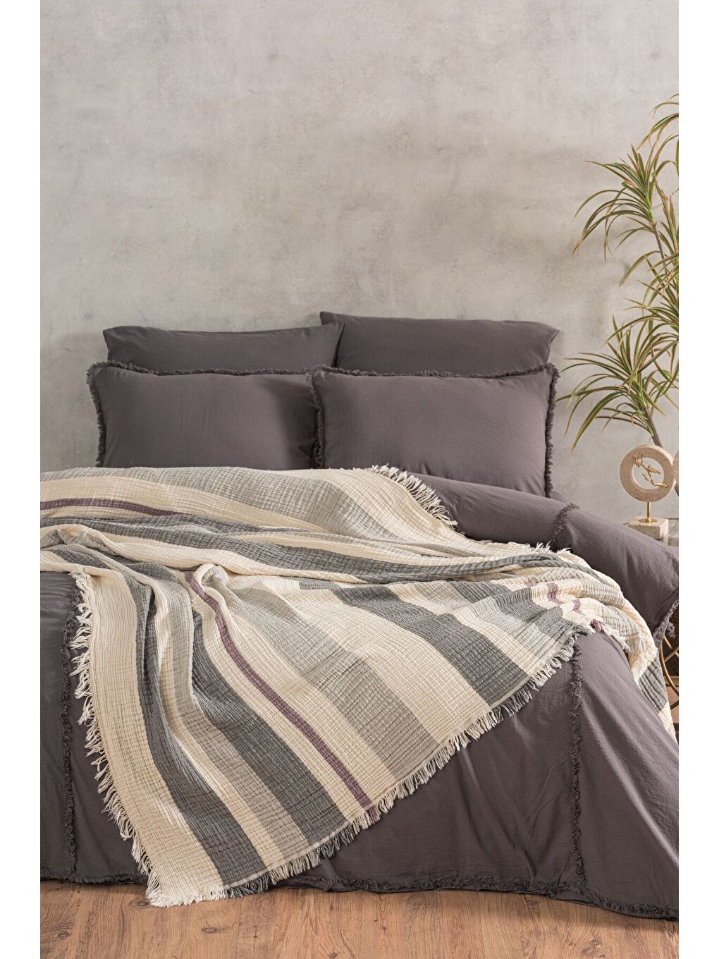 Gri 4 Katlı %100 Pamuk Müslin Pike & Yatak Örtüsü – 230x250 cm-1
