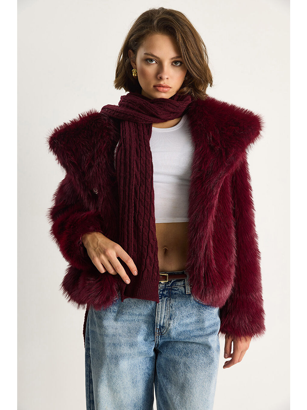 Bordo Kadın Kürklü Araboy Mont-2