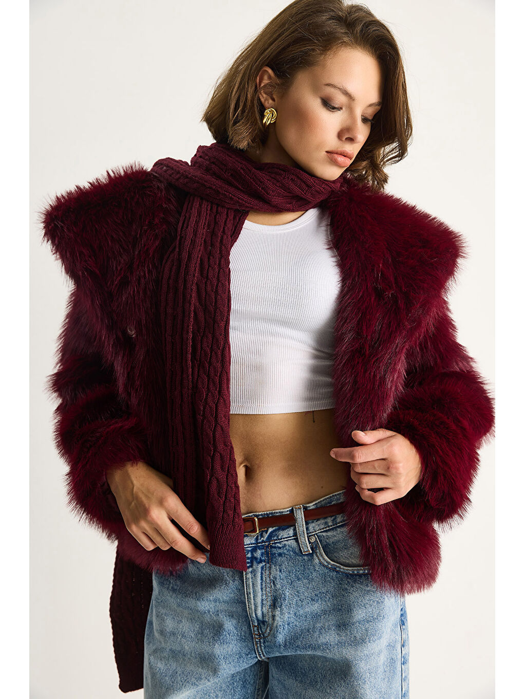 Bordo Kadın Kürklü Araboy Mont-3