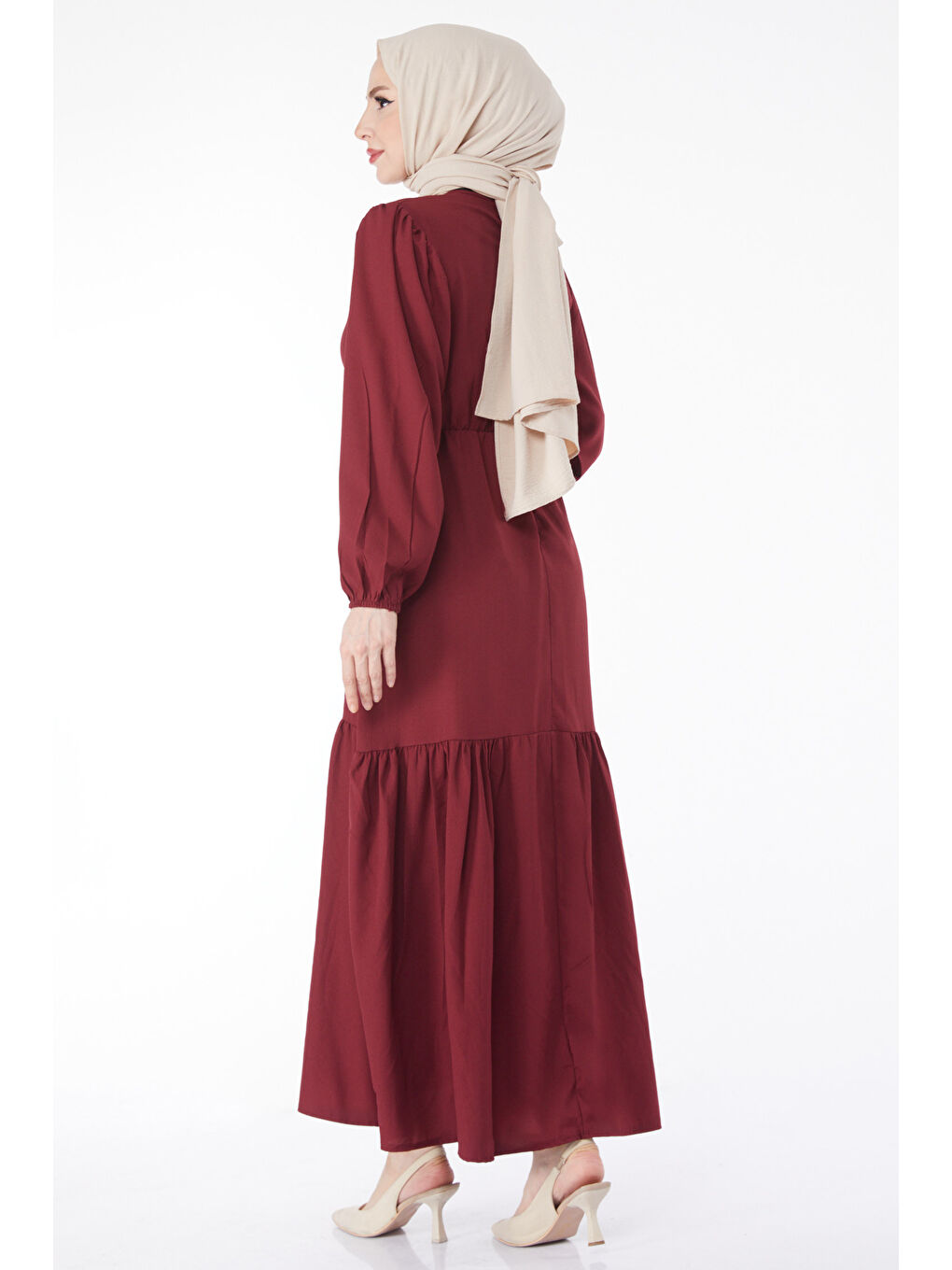 Beli Bağcıklı Elbise Bordo - 27303-5