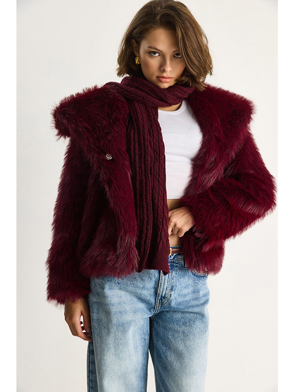 Bordo Kadın Kürklü Araboy Mont-4