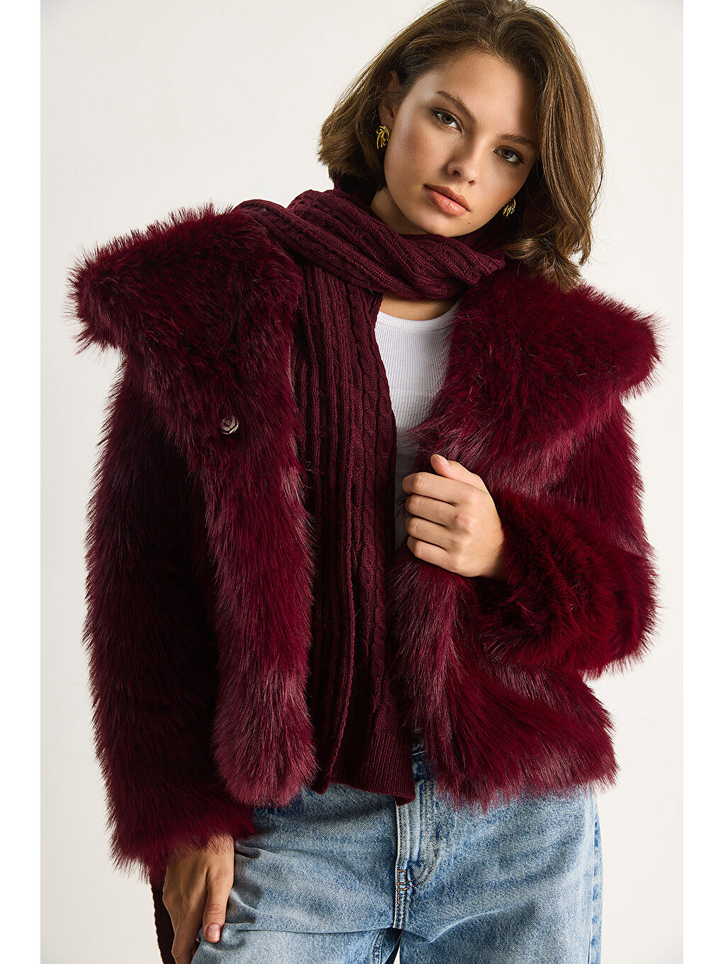 Bordo Kadın Kürklü Araboy Mont-5