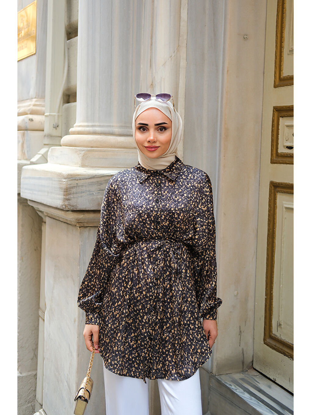 Kadın Bel Bağlamalı Desenli Gömlek Siyah