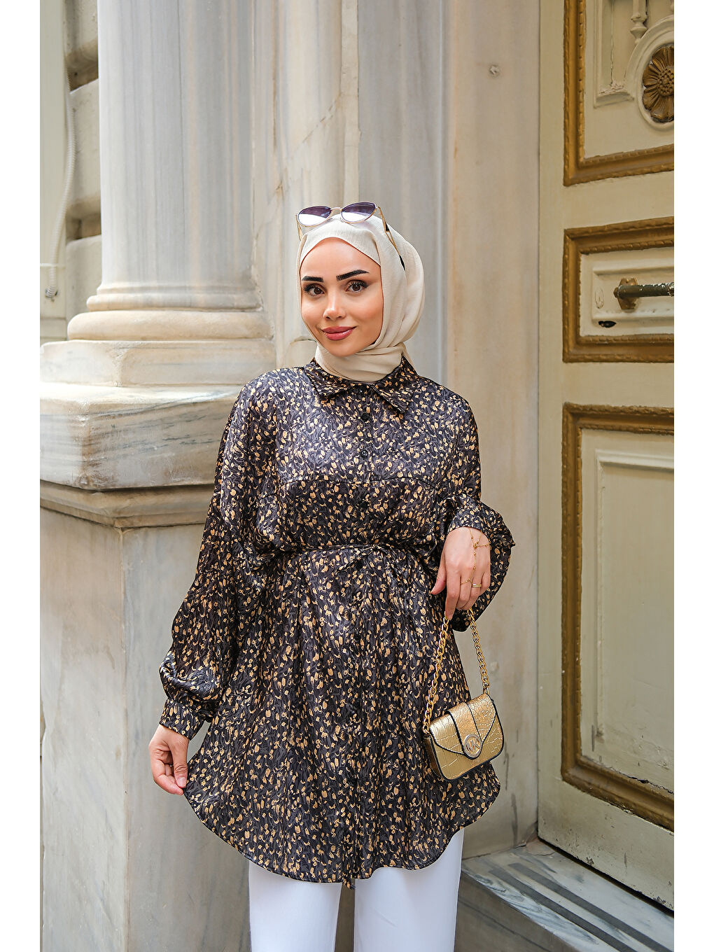 Kadın Bel Bağlamalı Desenli Gömlek Siyah-1