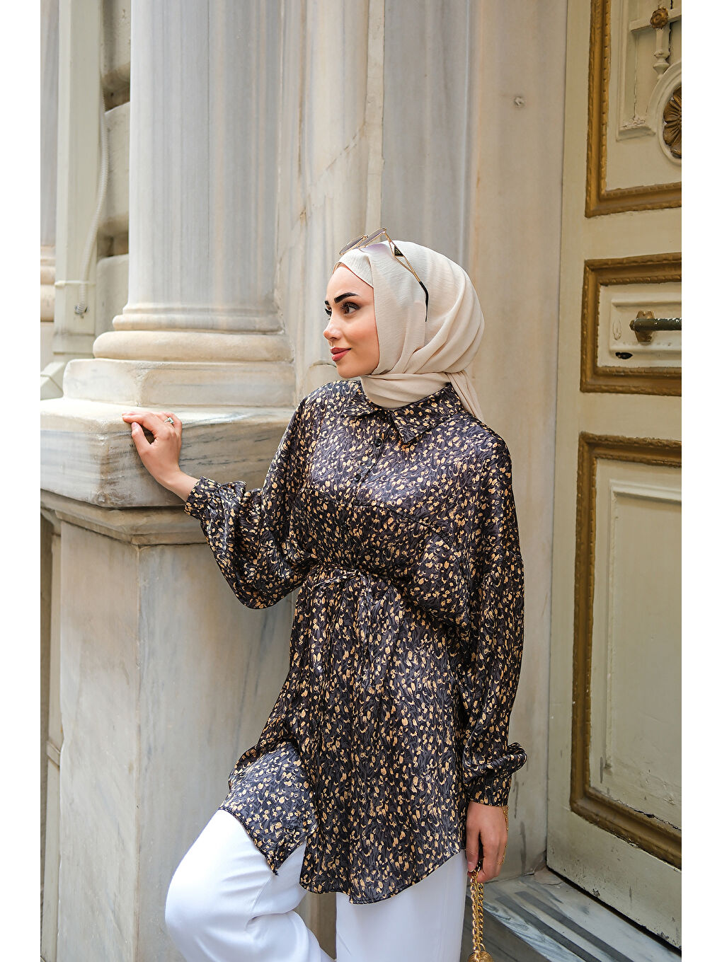 Kadın Bel Bağlamalı Desenli Gömlek Siyah-2