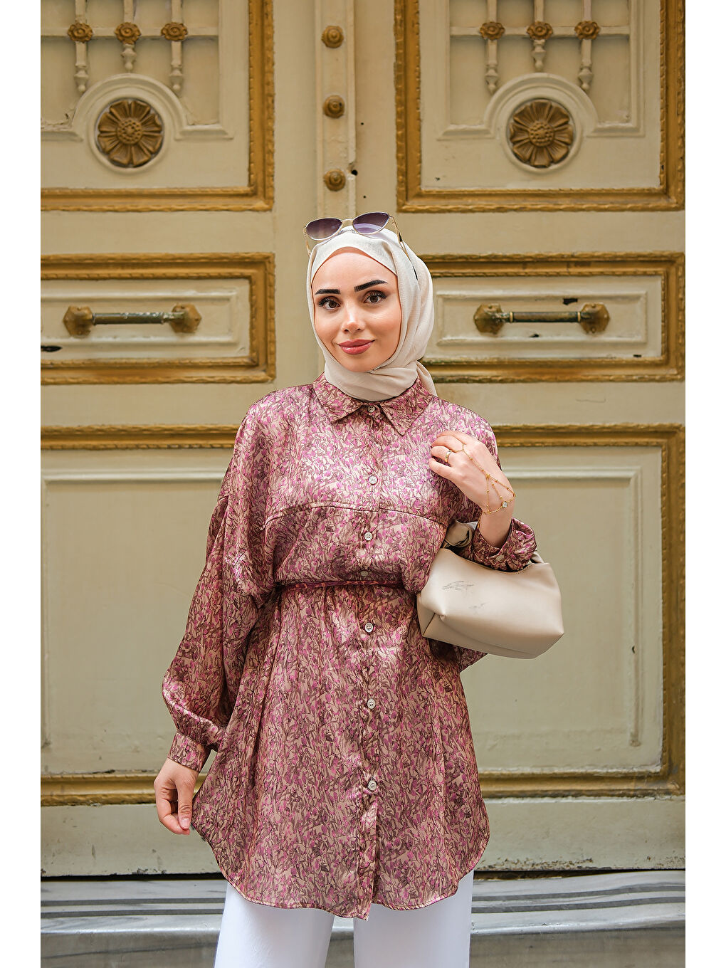 Bej Kadın Bel Bağlamalı Desenli Gömlek Vizon