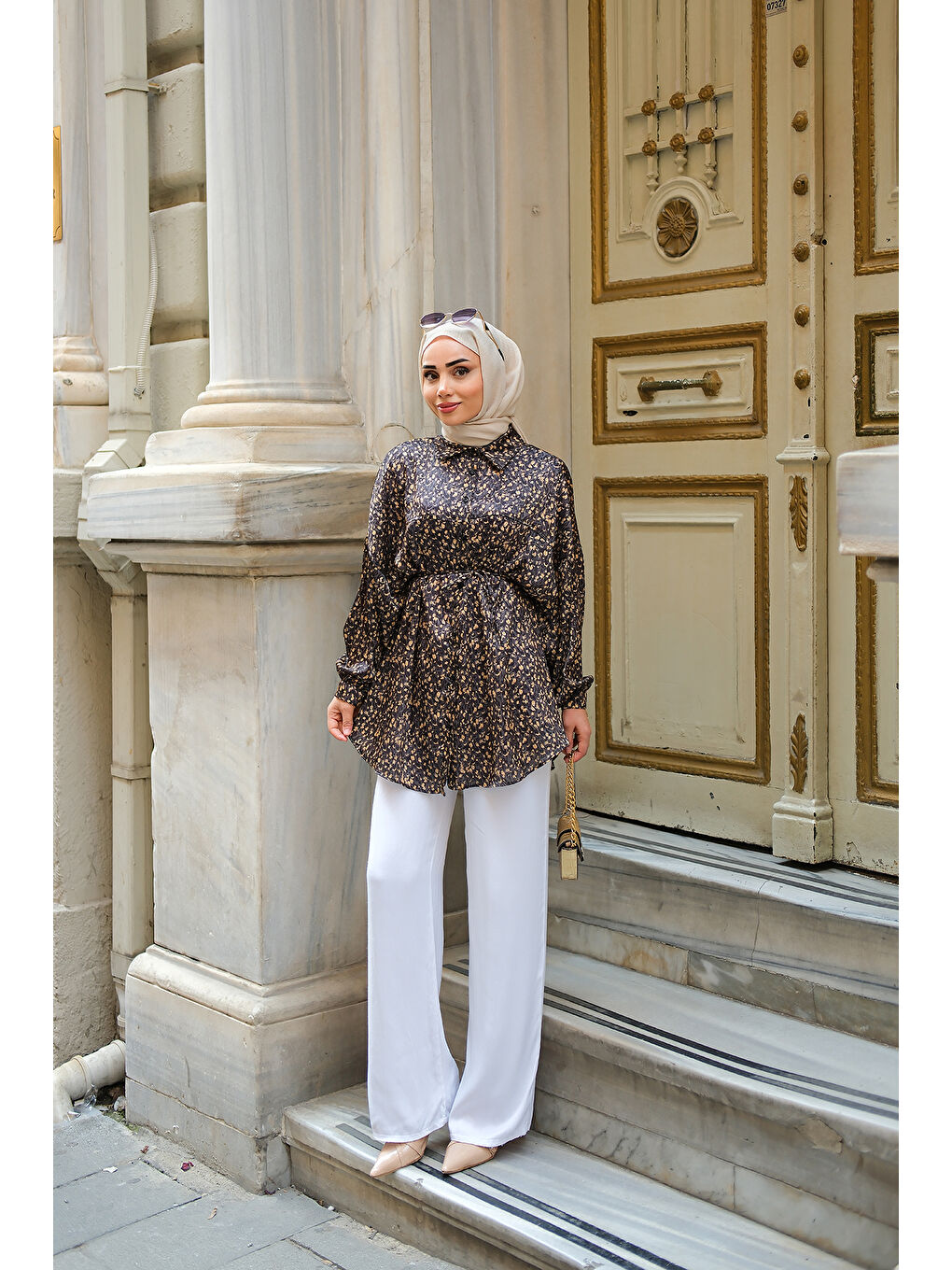 Kadın Bel Bağlamalı Desenli Gömlek Siyah-3